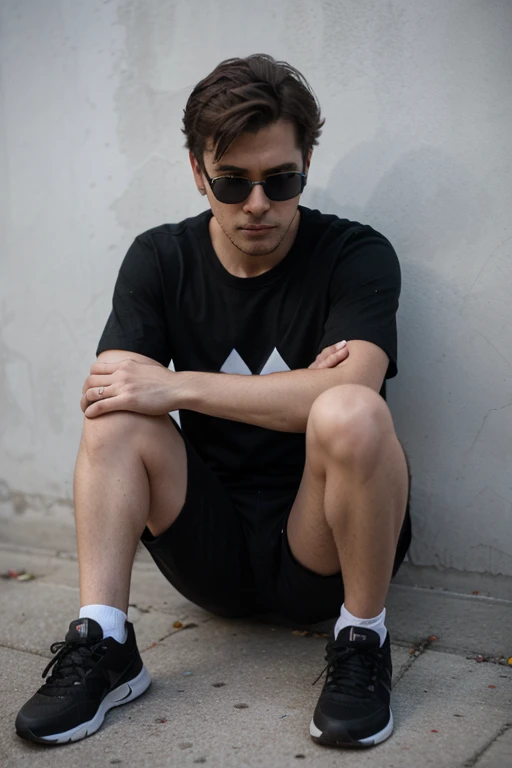A man is sitting on the ground looking at the ground and behind him is a wall with an M pattern. The man is wearing black clothes and a pair of black night sunglasses.