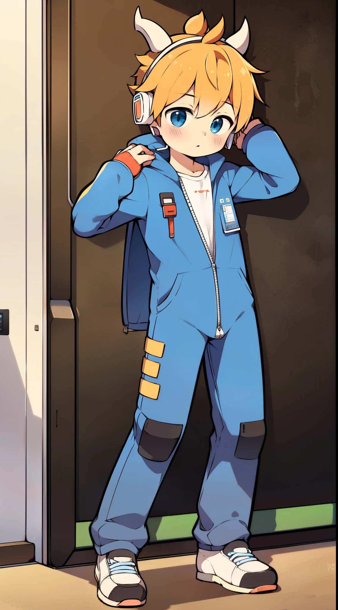 2D Boy Shota，One-piece mountaineering suit，Put the headphones on your head，permanent，goggles，horn，cow ears，sports shoes，Pull down the zipper