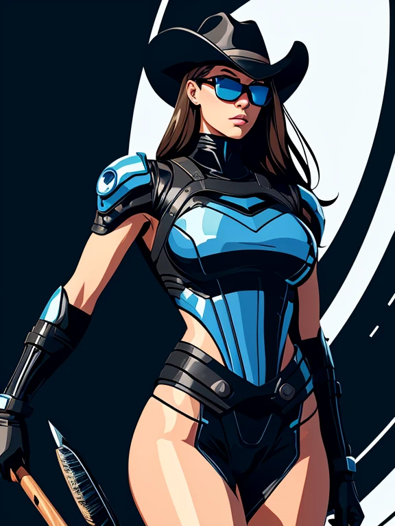 Masterpiece, digital artwork, stylized sexy female scifi cyborg cowboy, leather outfit, naked , sunglasses, cowboyhat, (brush strokes), vector art, negative space,rough inkdrawing, colorful, dynamic pose, artwork, brushstrokes, ink, cell-shading,