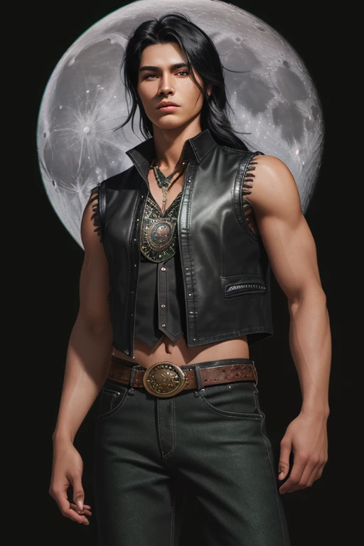 20 year old man black hair native american brown shirt wolf print black leather vest muscular build green eyes moon medallion black jean pants moon buckle looking straight at the viewer forest background with fog holding an oxiiana dagger 