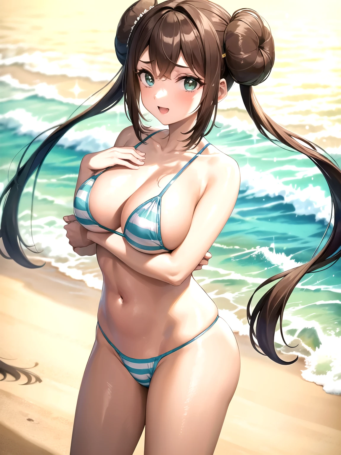 Uma garota, striped micro bikini, jovem, bonitinho, garota linda, twintails loiras, seios enormes, enfatizando o decote, curvado, Corpo molhado, corpo perfeito, Sorriso, beira-mar, Melhor qualidade de imagem, Mais alta qualidade, super high resolution, obra de arte,