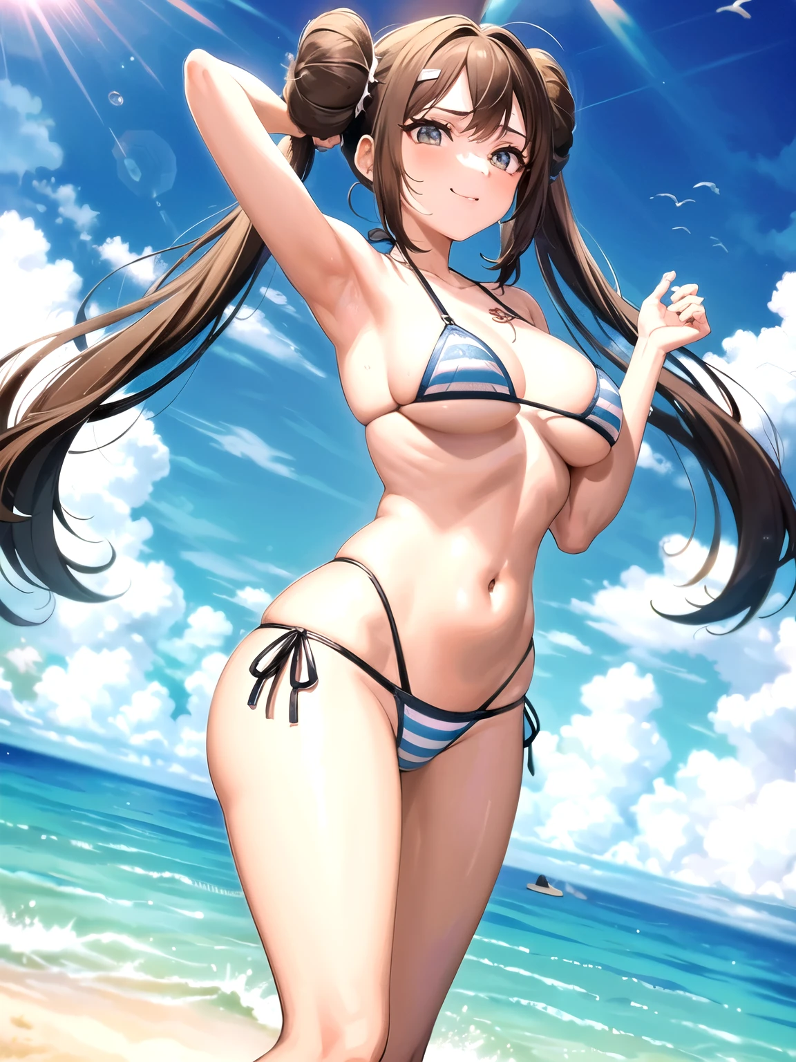 Uma garota, striped micro bikini, jovem, bonitinho, garota linda, twintails loiras, enormes, enfatizando o decote, curvado, Corpo molhado, corpo perfeito, Sorriso, beira-mar, Melhor qualidade de imagem, Mais alta qualidade, super high resolution, obra de arte,