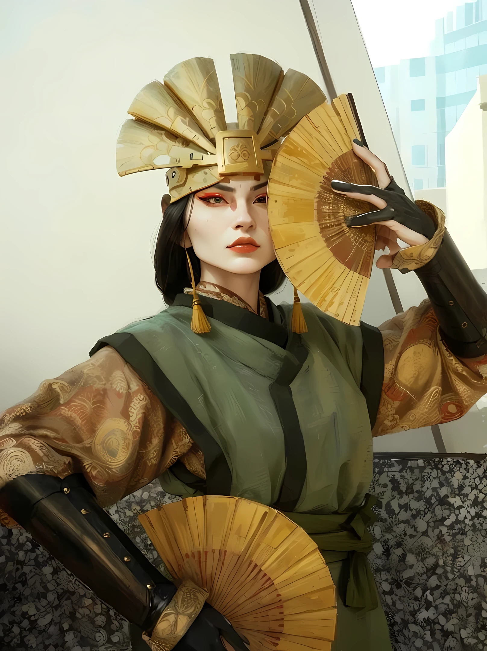(masterpiece:1.2, best quality), (real picture, intricate details), 1lady, solo, upper body, casual, long hair, minimal makeup, natural fabrics, close-up face, coquette, e-girl, red, red eye liner, red makeup, red lips, red eye liner, Kyoshi warrior, green eyes, emerald green eyes, hd face, detailed face, (correct face anatomy), Avatar Kyoshi