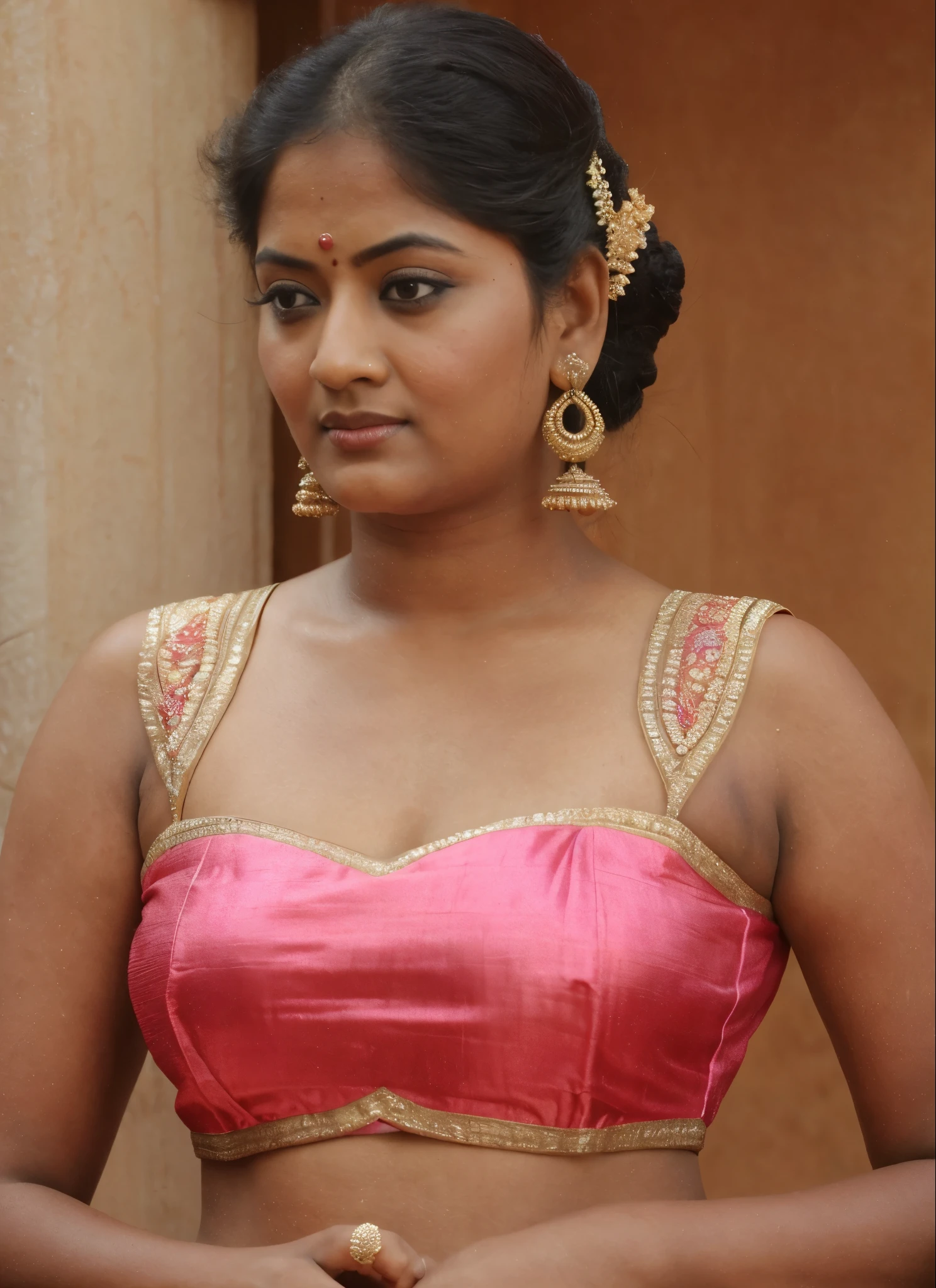 arafed woman in a pink sari, looks like Sandeepa Dhar, thick figure, curvy, traditional beauty, hindu aesthetic, assamese aesthetic, traditional makeup, indian goddess, indian girl with brown skin, wearing bihu dress mekhela sador, indian style, indian, gorgeous woman, south east asian with round face, a stunning portrait of a goddess, beautiful himalayan woman