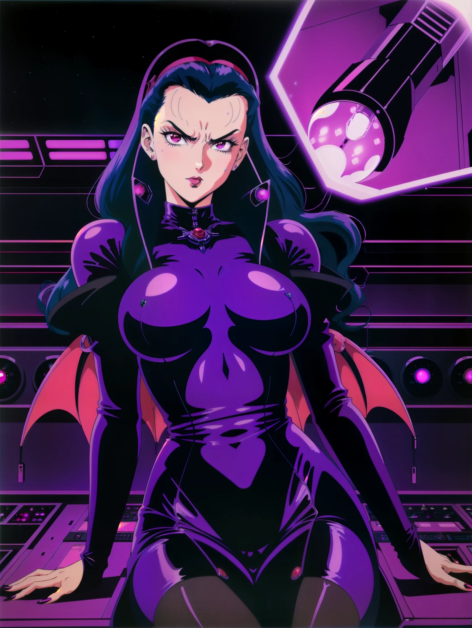 (((retro anime) of a gothic vampire piloting a gothic ruby mech)), (from below), close-up, (fisheye), ((gothic (control panels) everywhere)), ((mature)), ((vampiric)), (iridescent bodysuit), lace accessories, dark big lips,((baroque pilot seat)), ((leaning back sitting pose)), ((elegant)), (((serious tone))), futuristic, top spacecraft control panel, ((dark place)), ((low-light)), intricate control panel details, 1990s (style), [blushing], sweat, masterpiece, claustrophobic, sparkles, red aura, limited colors