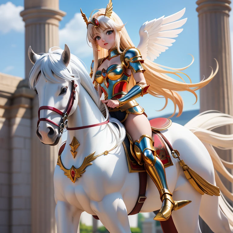 une femme, 25 ans, manga, cheveux longs, cheveux blond, armure, armure du cygne, saint seiya, hyoga, cygnus, casque, chevalier du zodiaque, dans un paysage glacial, neige, glacier, metal swan wings, jupe en plumes de cygnes