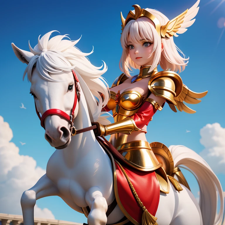 une femme, 25 ans, manga, cheveux longs, cheveux bruns, armure blanche et rouge, pegasus armor, saint seiya, seiya, pegasus, white horse head helmet, chevalier du zodiaque, dans un Grèce antique, Coliseum, metal pegasus wings, jupe en crin de cheval