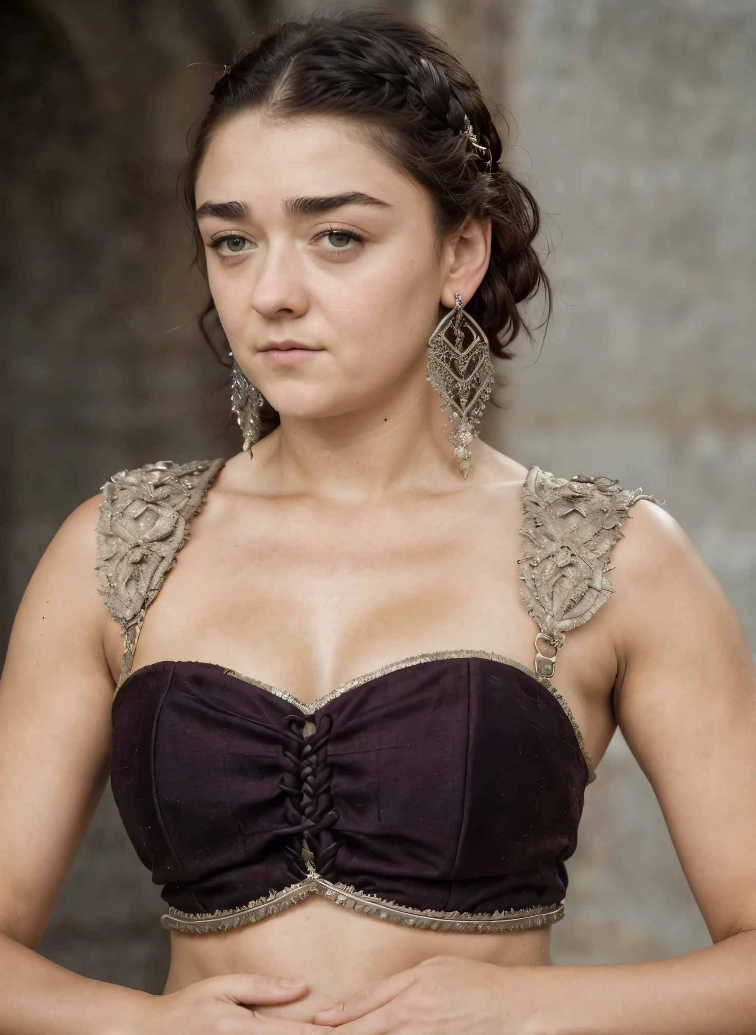 Foto RAW, RAW photograph of Maisie Williams, Roman Slave dress, toga dress, Arya Stark, 45 years old Woman, big natural breast, curvy, thick mature figure, motherly figure, incredible skin texture, skin pores, sweat, Extremely gorgeous lady, Arya Stark PLAYED BY MAISIE WILLIAMS, Queen Arya Stark, she  a mature woman now, milf, sexy mediaeval battle dress, gladiator woman, body, 40 years old Woman, body revealing costumes, perky breast, skin pores, big natural breast, erotic costumes, lusty physique, seductive figure can capture every people's attention, Game of thrones costumes, revealing captivating figure, Mediaeval costumes, revealing clothes, A tomboy, she would rather fence than dance, warrior queen , game of thrones screen caps, Game of Thrones Series, (pele altamente detalhada: 1.2), 8k UHD, DSLR, soft-lighting, alta qualidade, grain of film, Fujifilm XT3, flawless picture, highly detailed, detailed Beauty, intricate, 32k, sharp picture,