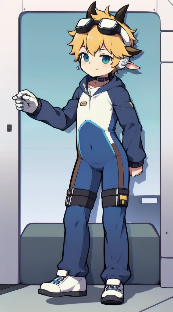 Two-dimensional boy,One-piece mountaineering suit,horn,cow ears,Put the headphones on your head,stand up,goggles,sports shoes,Slim,Smile,Sailor collar