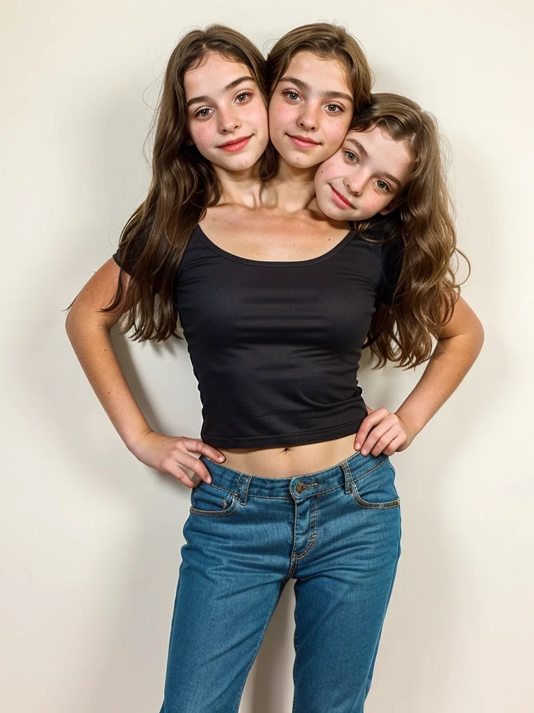 3heads, three headed girl, (a 13 year old girl:1.5), (a 45 year old woman:1.5), (a 10 year old girl:1.5)