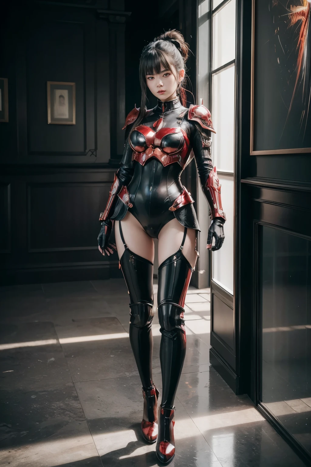 (high quality), (masterpiece), (detailed), 8K, Hyper-realistic portrayal of a futuristic (1girl1.2), Japanese character surrounded by red Metallic with black armor, full body suit, detail face, detail breast, detail body, detail hand, detail shoes. Meticulous details capture the dynamic fusion of tradition and innovation in this visually stunning composition. Trending on Artstation.