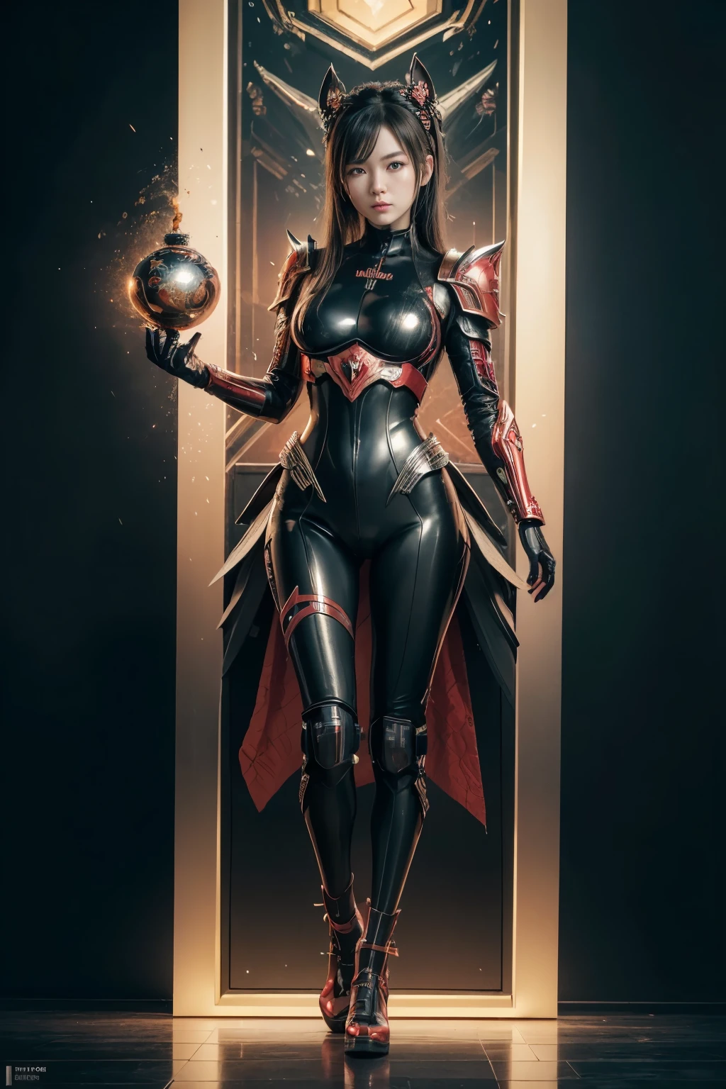 (high quality), (masterpiece), (detailed), 8K, Hyper-realistic portrayal of a futuristic (1girl1.2), Japanese character surrounded by red Metallic with black armor, full body suit, detail face, detail breast, detail body, detail hand, detail shoes. Meticulous details capture the dynamic fusion of tradition and innovation in this visually stunning composition. Trending on Artstation.