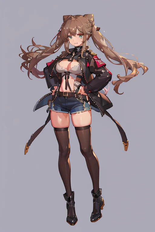 (masterpiece, highest quality, super detailed), (detailed face), (perfect face), (fantasy background:1.5), (1 girl), One-handed hip stand, An exciting smile:1.2, brown hair, messy hair, long hair, bun hair, twin tails, hair ornaments, leather jacket:1.2, hot pants:1.2, high knee socks:1.5, big breasted, slightly fat big breasts, Plump, Shopping, 