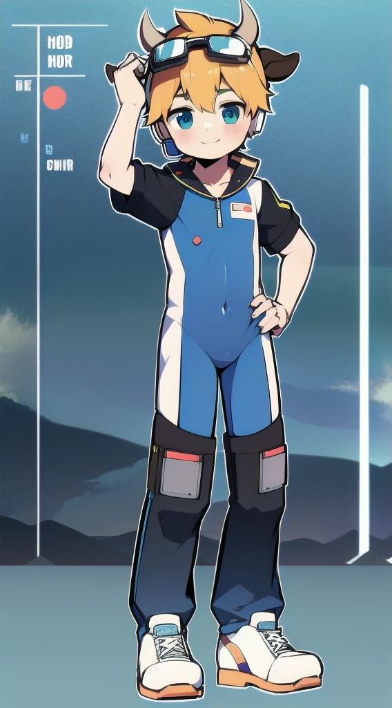 Two-dimensional boy,One-piece mountaineering suit,horn,cow ears,Put the headphones on your head,stand up,goggles,sports shoes,Slim,Smile,Sailor collar