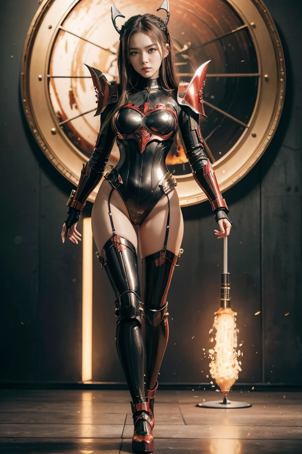 (high quality), (masterpiece), (detailed), 8K, Hyper-realistic portrayal of a futuristic (1girl1.2), Japanese character surrounded by red Metallic armor, full body suit, detail body red iron, detail breast skin white, detail thight skin, red Metallic iron shoes. Meticulous details capture the dynamic fusion of tradition and innovation in this visually stunning composition. Trending on Artstation.