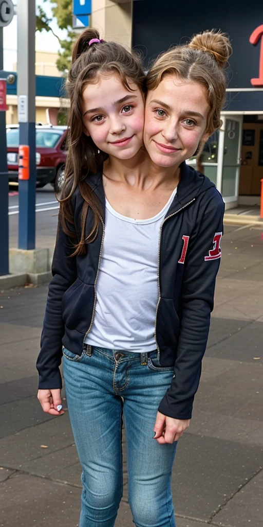 2heads, two headed girl, (a 10 year old girl and a 40 year old woman:1.5)