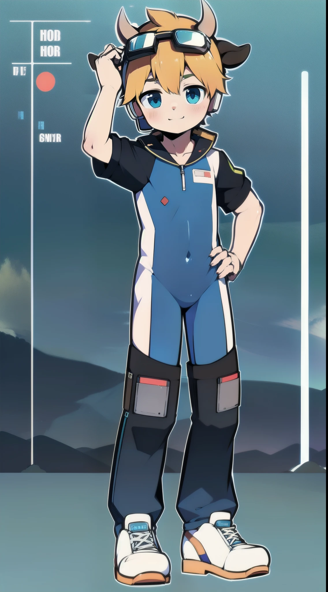 Two-dimensional boy，One-piece mountaineering suit，horn，cow ears，Put the headphones on your head，stand up，goggles，sports shoes，Slim，Smile，Sailor collar