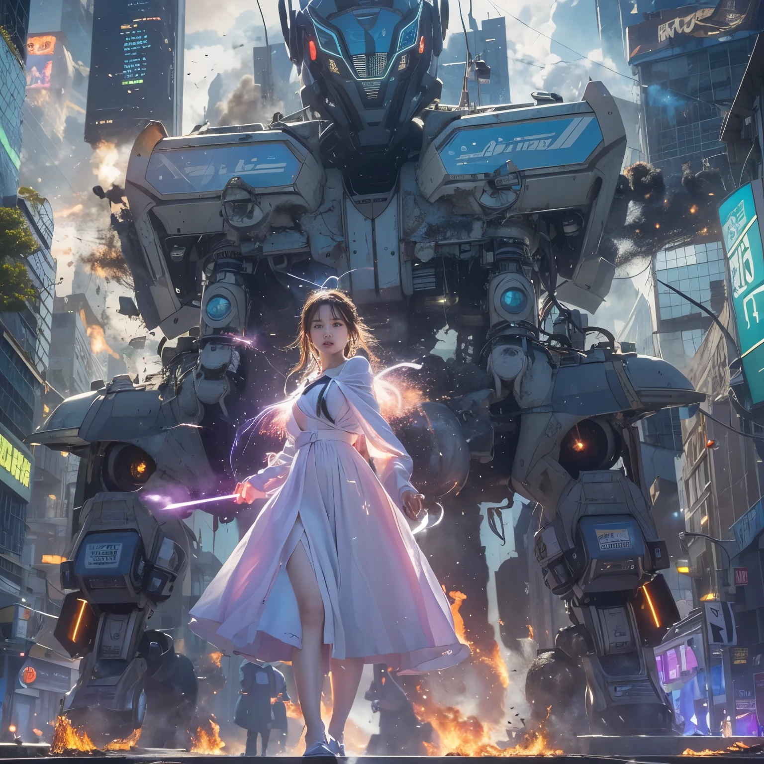 (highest quality、4k、8K、High resolution、masterpiece: 1.2)、Super detailed、(genuine、photogenuineistic、photogenuineistic: 1.37)、Destruction of a Great City、(A woman with telekinesis stands in front of a mech controlled by the invaders:1.37) 、(Women are young and beautiful、18-year-old、unparalleled beauty:1.5)、Insert a mental barrier to resist robot attacks、Vibrant cityscape、bright colors、Shining skyscrapers、Busy Street、Futuristic architecture and technology、Advanced Holographic Displays、Neon light splashes 、dramatic lighting、intense shadow、The awe-inspiring power that women exude、determination in his eyes、Elegant flowing gown、Dynamic action in the wind、Stretch out your arms and lunge towards the robot.、Powerful energy is emitted from the hands.、blue shining aura、sparks of electricity、electricity crackling in the air、A whirlpool of energy surrounding women、A fascinating and surgenuine atmosphere、A sense of danger and impending doom、Background chaos and destruction、Crumbling Building、Flying Debris、Smoke and flames、 The contrast between beauty and destruction、The battle between technology and the extraordinary power of young women。 cr1r3