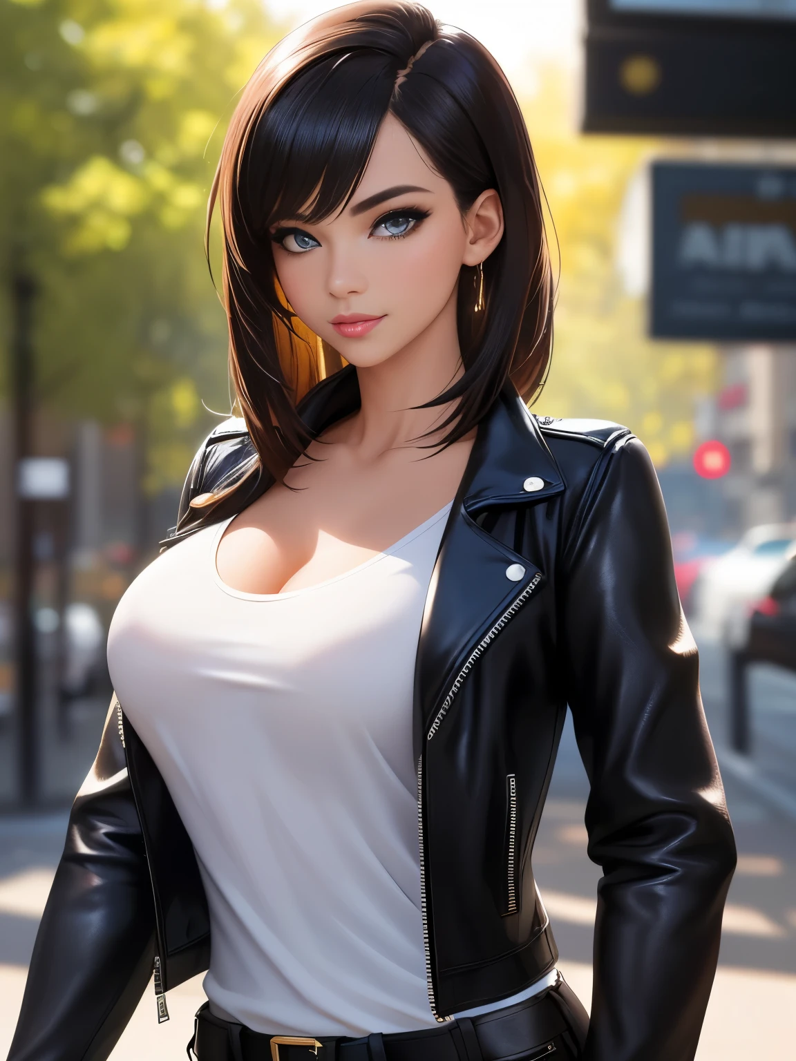 A stunning 23-year-old European woman. She’s a playmate and men magazine model. Wearing a shirt black leather jacket and a loose punk rock T-shirt. She’s exuding elegance and confidence, taking a serene coffee break. Her radiant smile and captivating gaze draw you in, emphasized by a soft backlight creating a dreamy aura. The scene is enhanced by a shallow depth of field, accentuating her features while the background melts into a mesmerizing bokeh effect. This image captures a sense of cinematic glamour and epic realism, with intricate details visible in stunning 8K resolution.