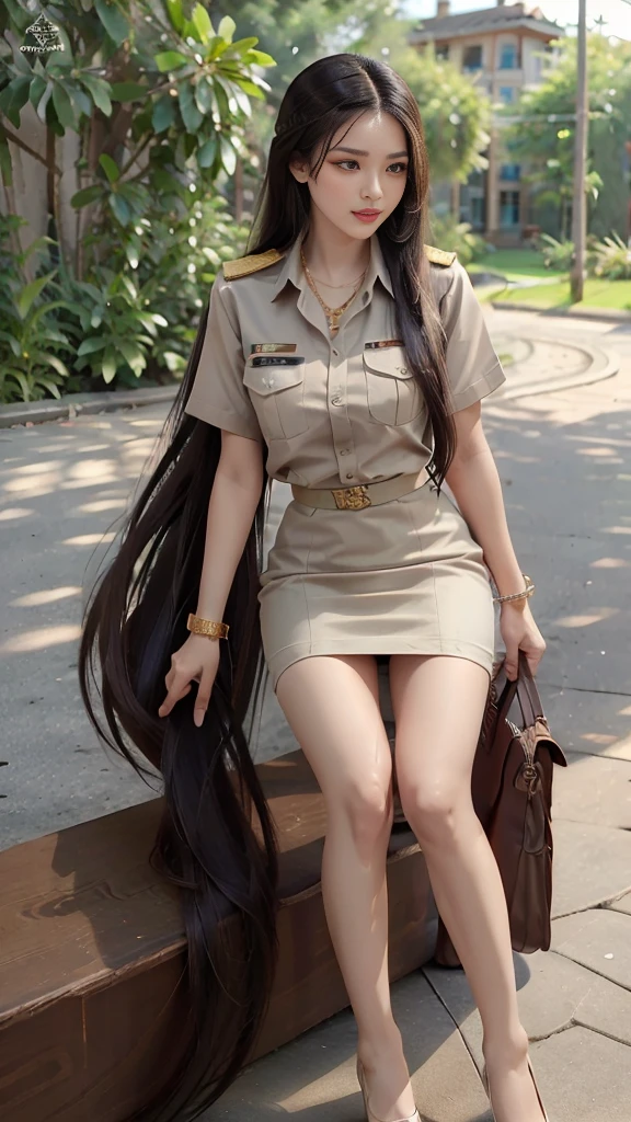 Khaki suit, khaki civil servant, Thai teacher uniform:1.3, Beautiful girl with extra long hair, Two meter long hair, Long hair that catches the eye, long black hair, Her hair is very long., Long, shiny hair, Long, thick, soft hair, Extra long hair, Dynamic posts, like full body, Short sleeve shirtสีกากี, short pencil skirtสีกากี, side cut, Decorated with military insignia., black high heels, The sexiest, small waist, hips raised, small thighs, Long legs, Women&#39;s fingers are slender and beautiful., Huge breasts, Huge breasts:1.5, big breast, Very big breasts, Eye-catching breasts, A gigantic rift, Not completely covered, big breast, Huge breast, Big tits D, สาวTwo meter long hair, Beautiful face, red lips, Very shiny, แต่งBeautiful face, Military rank insignia, short pencil skirt, tight, ultra short skirt, very short skirt, Wear a miniskirt., Short sleeve shirt, tight fitting, in the background, blurred garden., seductive gesture, Women&#39;s condition, Hermes 2002-26 Bag, Gold Necklace, นาฬิกา Apple Watch,