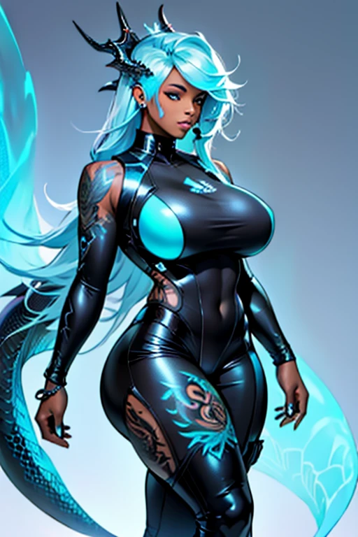 Curvy Black girl (transparent clothing, massive breasts, full lips, tattoos, long hair) with a bioluminescent dragon tattoo around her leg