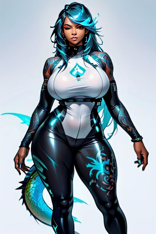 Curvy Black girl (transparent clothing, massive breasts, full lips, tattoos, long hair) with a bioluminescent dragon tattoo around her leg