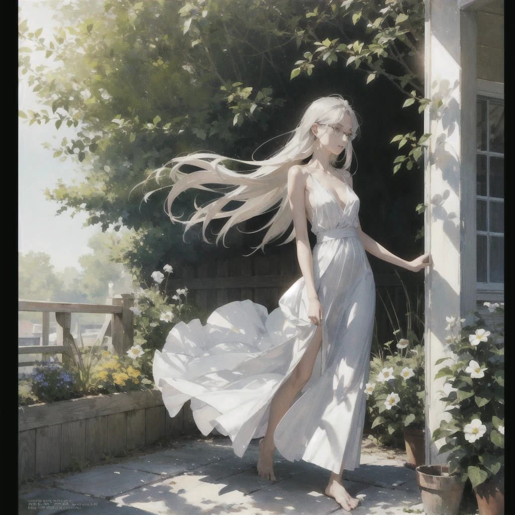 Exquisite slender gentle girl of 20 years old with a perfect very beautiful delicate face with straight blond silver hair (with purple eyes) naked with tender breasts in the rays of the rising sun (Barefoot) (in a white long skirt) (((with beautiful soft small naked breasts with pink naked nipples))) drinking on the veranda in the garden (Coffee) and looks at the flowers, in watercolor style, discreet light shades, Flares, imitation of film photography, against the sun, a lot of sun glare, light fills the frame
