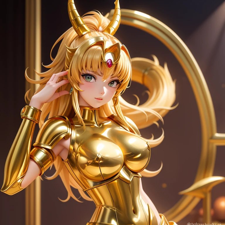 une femme, 25 ans, manga, cheveux longs, cheveux multicolor, topless, high level of detail, saint seiya, armor, gold cloth of the aquarius