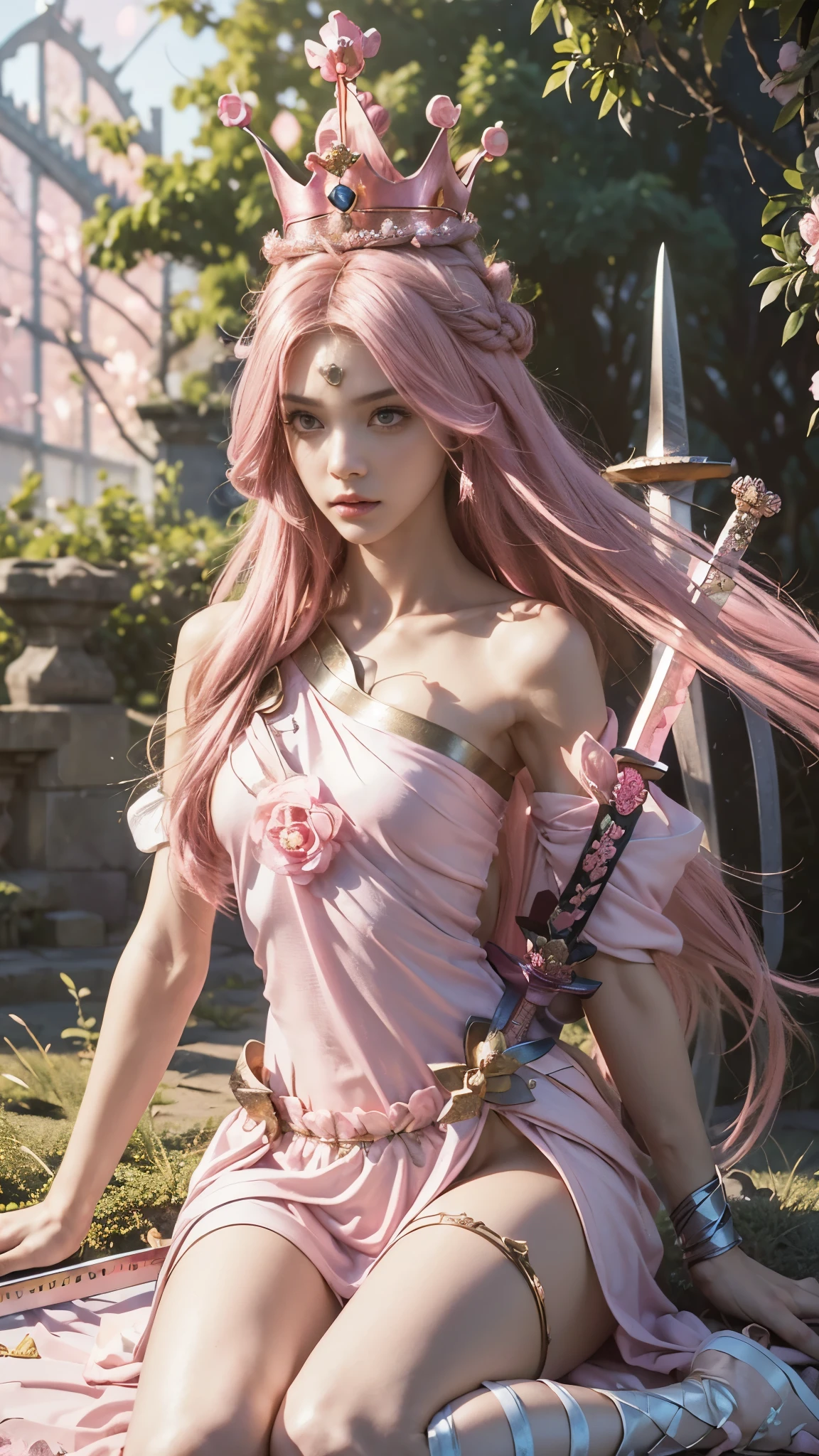 model shoot,1 girl, (innocent face:1.4), long hair, (assassin cosplay:1.5), magenta cosplay, bare shoulder, (beautiful crown:1.5), (bloom effect:1.5), hyper realistic, super detailed, Dynamic shot, masterpiece, park scenery sharp détails, perfect eyes, perfect skin, (two handed sword:1.5), (perfect slim body:1.5),
