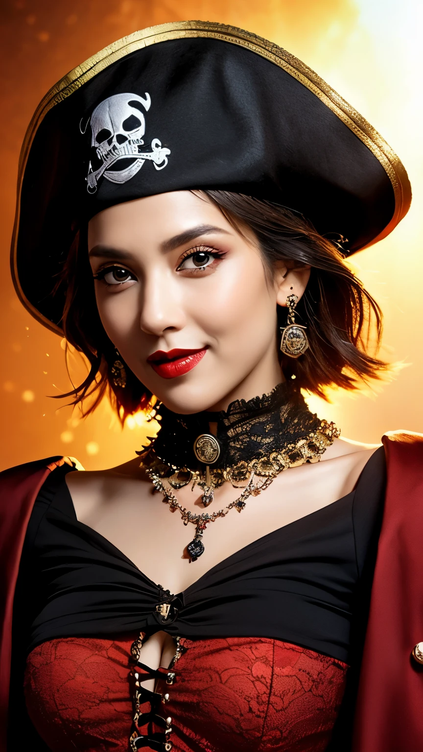 sexy pirate woman,eye-catching outfit,plain background,dramatic lighting,pirate hat,leather corset,billowing cape,ornate jewelry,lace gloves,seductive expression,pensive eyes,rousing smile, red lips