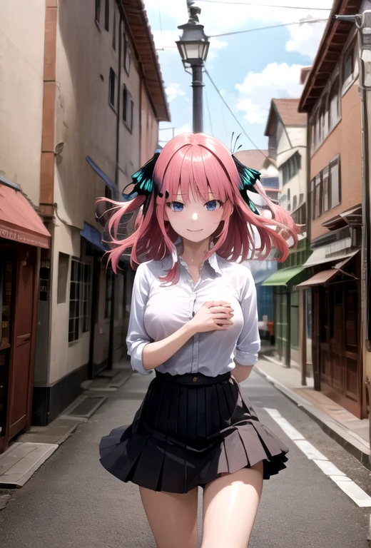 masterpiece, highest quality, anime, very detailed, 1 girl, alone, cowboy shot, nakano nino, pink hair, butterfly hair ornament,medium breasts, smile,、In town、join your hands behind your back、knee high、black、no skirt、Skirt flipped、the wind is blowing、whole body、Completely naked
