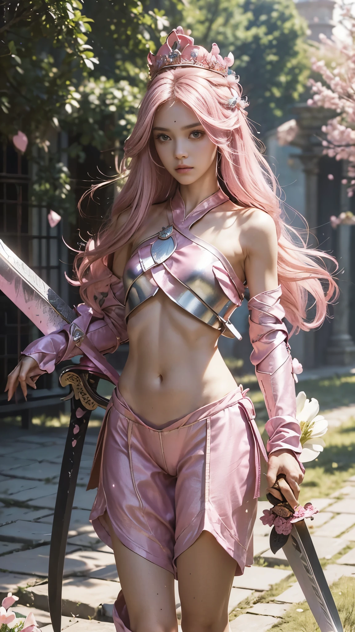 top-quality、Sensual depictions、Close-up of a person holding a sword and wearing white armor, shining pink armor, , 16Year old girl、of young face16Year old girl、Seductive girl, , anime cover, The best girl, finely detail,Pink leotard、Pink mini pleated skirt、""pantiy""、provocative sexy poses、Intense skin exposure、Lonely Female Warrior、large full breasts,Bold legs open