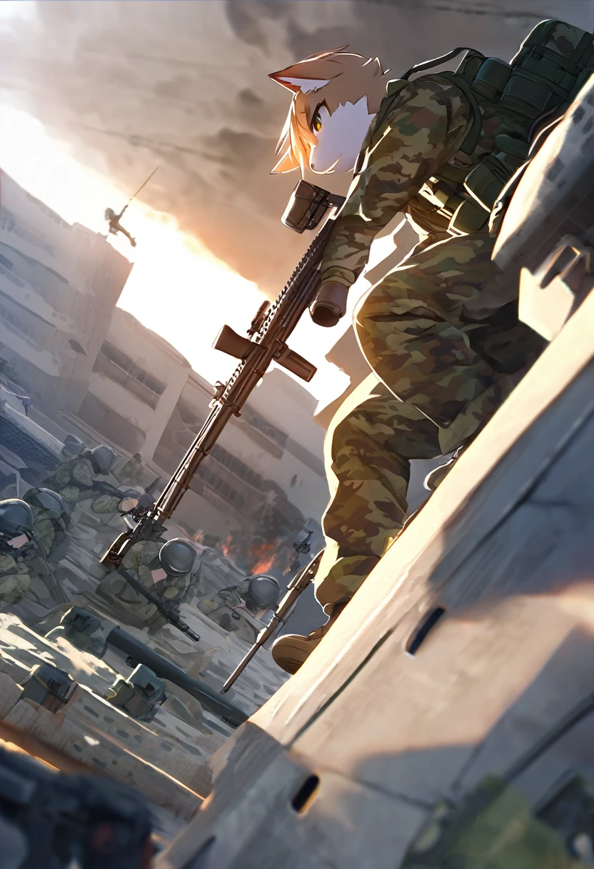 top quality, best quality, High-quality illustrations, masterpiece, super high resolution, detailed background, Military Headquarters, Maritime Self-Defense Force, rifle, sniper, battlefield, absurdres, perfect anatomy, expression, good lighting, cinematic shadow(kemono, furry anthro)assorted poses, dynamic angle,