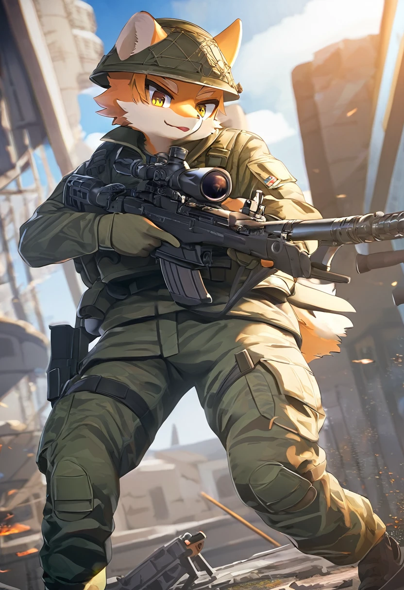 top quality, best quality, High-quality illustrations, masterpiece, super high resolution, detailed background, Military Headquarters, Maritime Self-Defense Force, rifle, sniper, battlefield, absurdres, perfect ???????, expression, good lighting, cinematic shadow(kemono, furry anthro)assorted poses, dynamic angle,