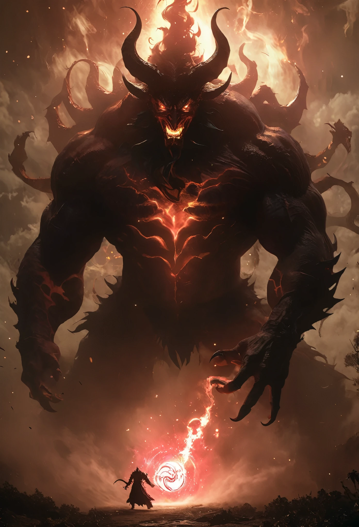 A giant demon from another dimension summoned from a magic circle、Huge claws