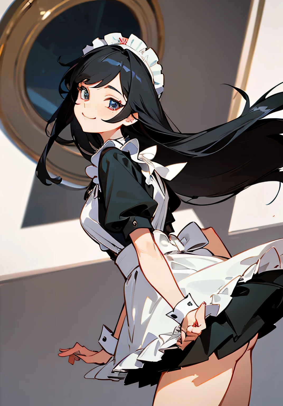 {best quality},guest room、long black hair、25Old woman、Big beautiful breastaid outfit、short skirt、maid cap、playful smile、Low angle、cowboy shot、looking at the camera