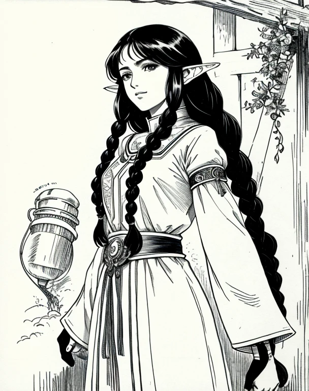 Lynn Minmay, 1 Elfa Feminina, Sozinho, monochrome, braid, olhando para o espectador, vestir, cabelo longo, Traditional media, assinatura, faixa,orelhas de elfo, Usando roupas de escrava, cabelo branco, tronco, batom, furar cabelo, nome do artista, twin braids, arm chains,elf slave standing in front of a cell,cabelos brancos 