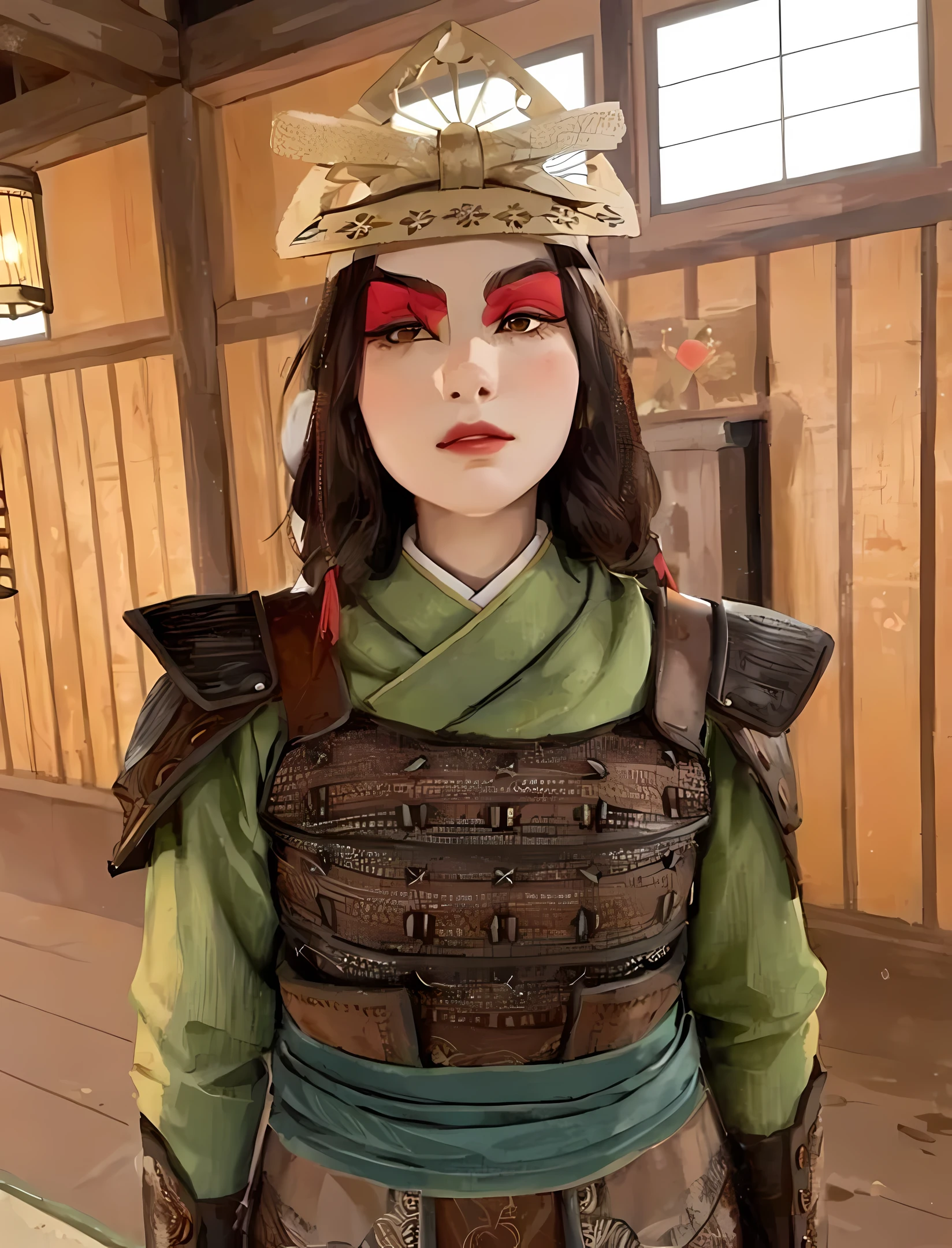 (masterpiece:1.2, best quality), (real picture, intricate details), 1lady, solo, upper body, casual, long hair, minimal makeup, natural fabrics, close-up face, coquette, e-girl, beautiful brown eyes, Kyoshi makeup