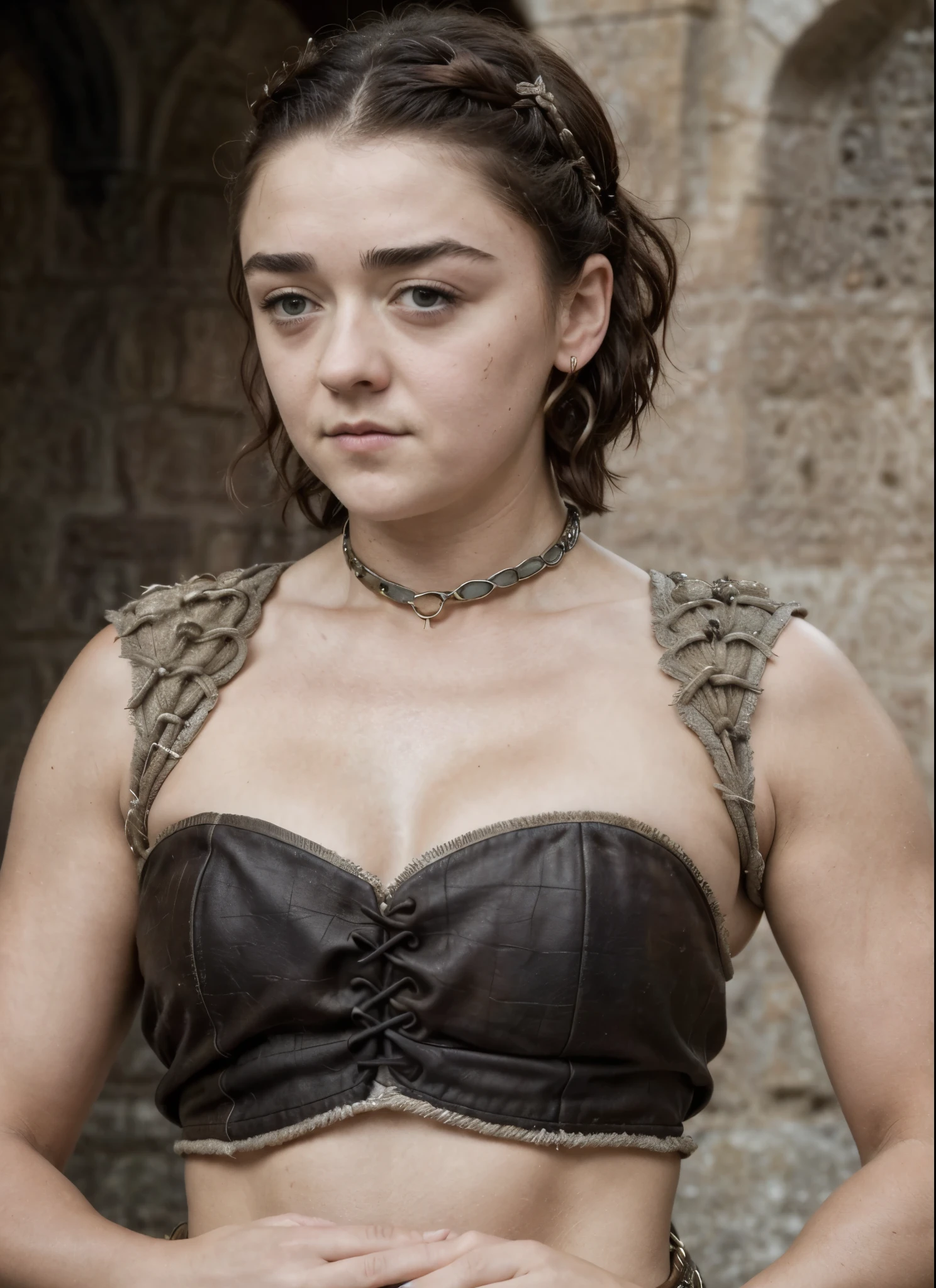 Foto RAW, RAW photograph of Maisie Williams, Roman Slave dress, toga dress, Arya Stark, 45 years old Woman, big natural breast, curvy, thick mature figure, motherly figure, incredible skin texture, skin pores, sweat, Extremely gorgeous lady, Arya Stark PLAYED BY MAISIE WILLIAMS, Queen Arya Stark, she  a mature woman now, milf, sexy mediaeval battle dress, gladiator woman, body, 40 years old Woman, body revealing costumes, perky breast, skin pores, big natural breast, erotic costumes, lusty physique, seductive figure can capture every people's attention, Game of thrones costumes, revealing captivating figure, Mediaeval costumes, revealing clothes, A tomboy, she would rather fence than dance, warrior queen , game of thrones screen caps, Game of Thrones Series, (pele altamente detalhada: 1.2), 8k UHD, DSLR, soft-lighting, alta qualidade, grain of film, Fujifilm XT3, flawless picture, highly detailed, detailed Beauty, intricate, 32k, sharp picture,