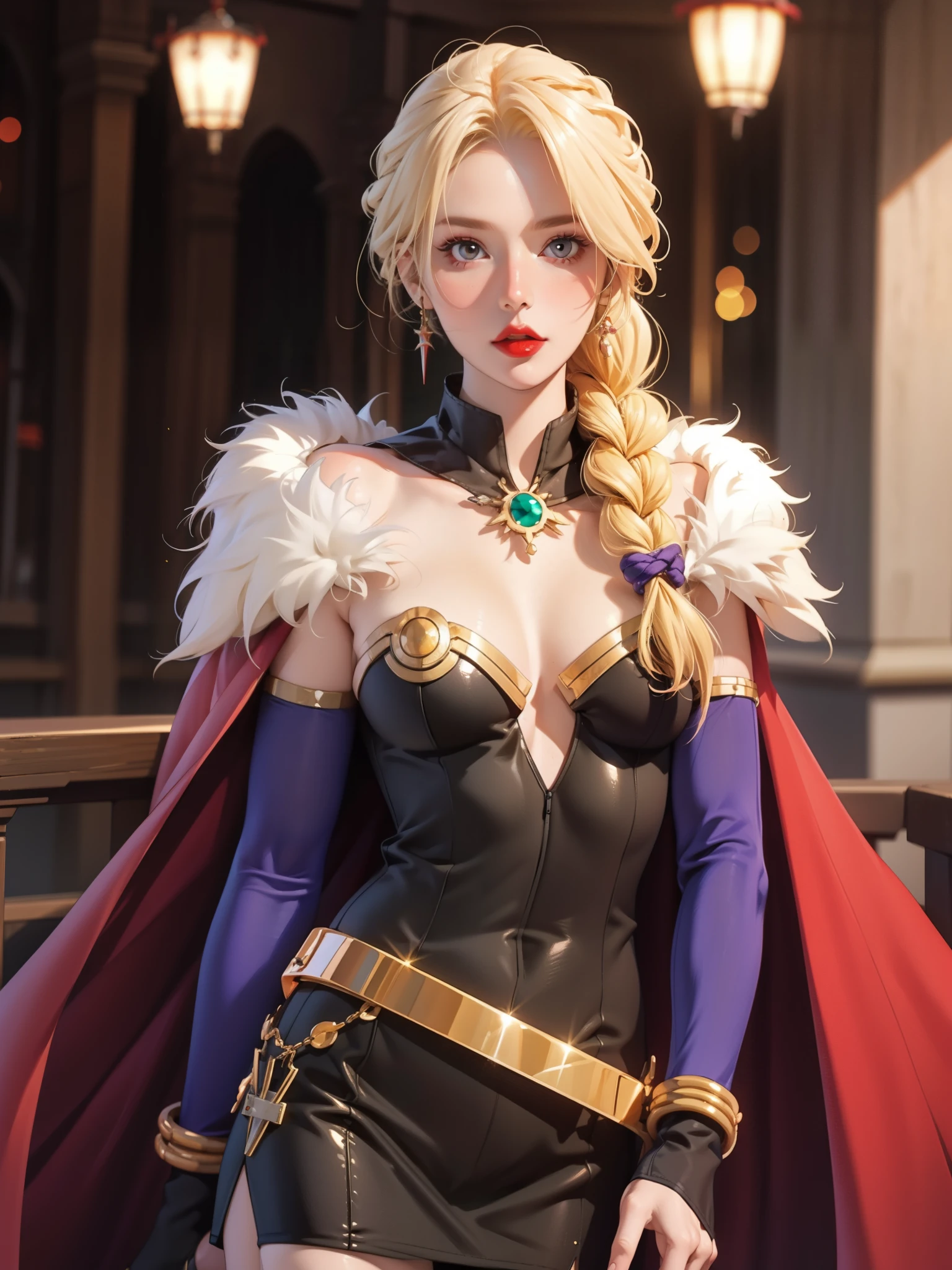 realistic:1, perfect eyes:1.2, detailed eyes:1.4, one braid, braided ponytail, serious, angry, standing, castle, hair over shoulder, fur trim, blonde hair, potion belt, long braid, ragnarokalchemist, elbow gloves, boots, single braid, red cape, heterochromia, green and purple eyes, long hair, makeup, lipstick, 1girl, solo, (masterpiece:1.6, best quality),