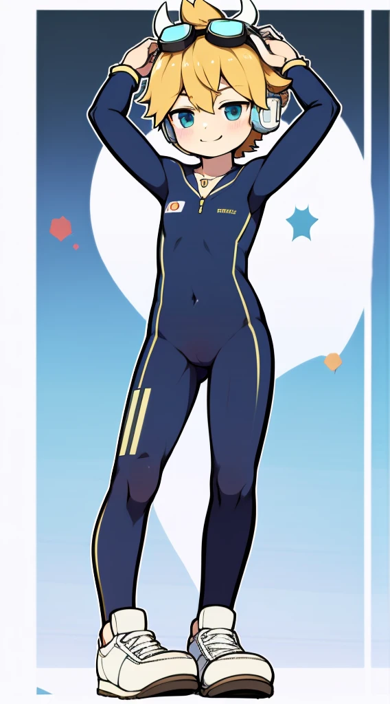 Two-dimensional boy,bodysuit,horn,cow ears,Put the headphones on your head,stand up,goggles,sports shoes,Slim,Smile,Sailor collar