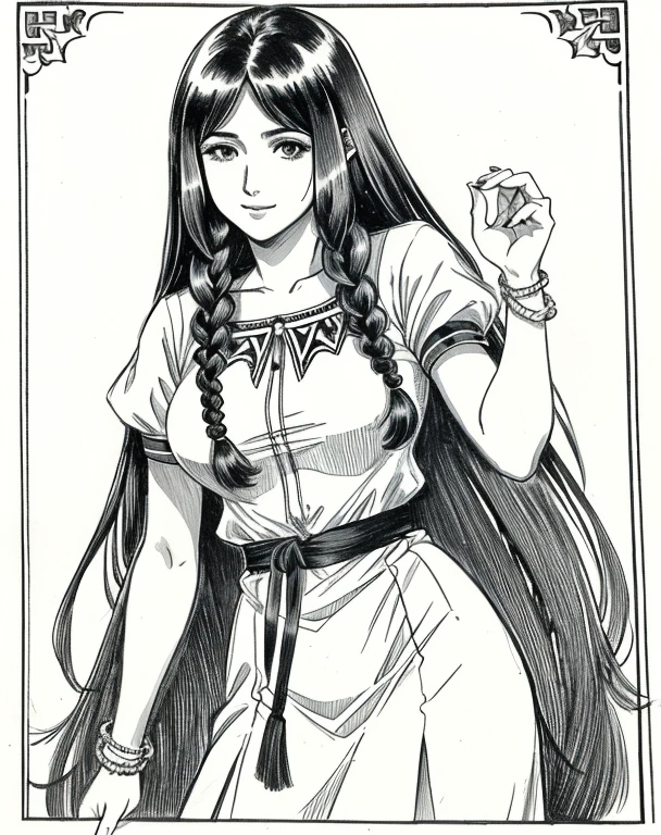 Lynn Minmay, 1 Elfa Feminina, Sozinho, monochrome, braid, olhando para o espectador, vestir, cabelo longo, Traditional media, assinatura, faixa,orelhas de elfo, inventar, lifting skirt with own hands,expor calcinha , cabelo branco, tronco, batom, furar cabelo, nome do artista, twin braids, arm chains,escrava elfa,cabelos brancos, prisioneira numa cela assustadora