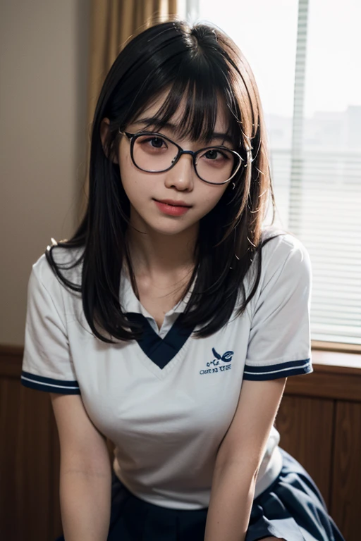 (masterpiece, highest quality, High resolution,8K, RAW image), Beautiful plain Japanese student, wearing glasses, Beautiful long shiny black hair, snappy bangs, shiny face, shiny skin, Depth of written boundary, chromatic aberration, caustics, natural shading, kind, smile, Small devil,cute face, thighs, film grain, chromatic aberration, sharp focus, face light, clear lighting, detailed face, background bokeh, very big breasts, slender body,I'm stretching, Japanese school gym uniform, Navy Blue Bloomers,The background is the school ground, full shot, Taken at the best angle