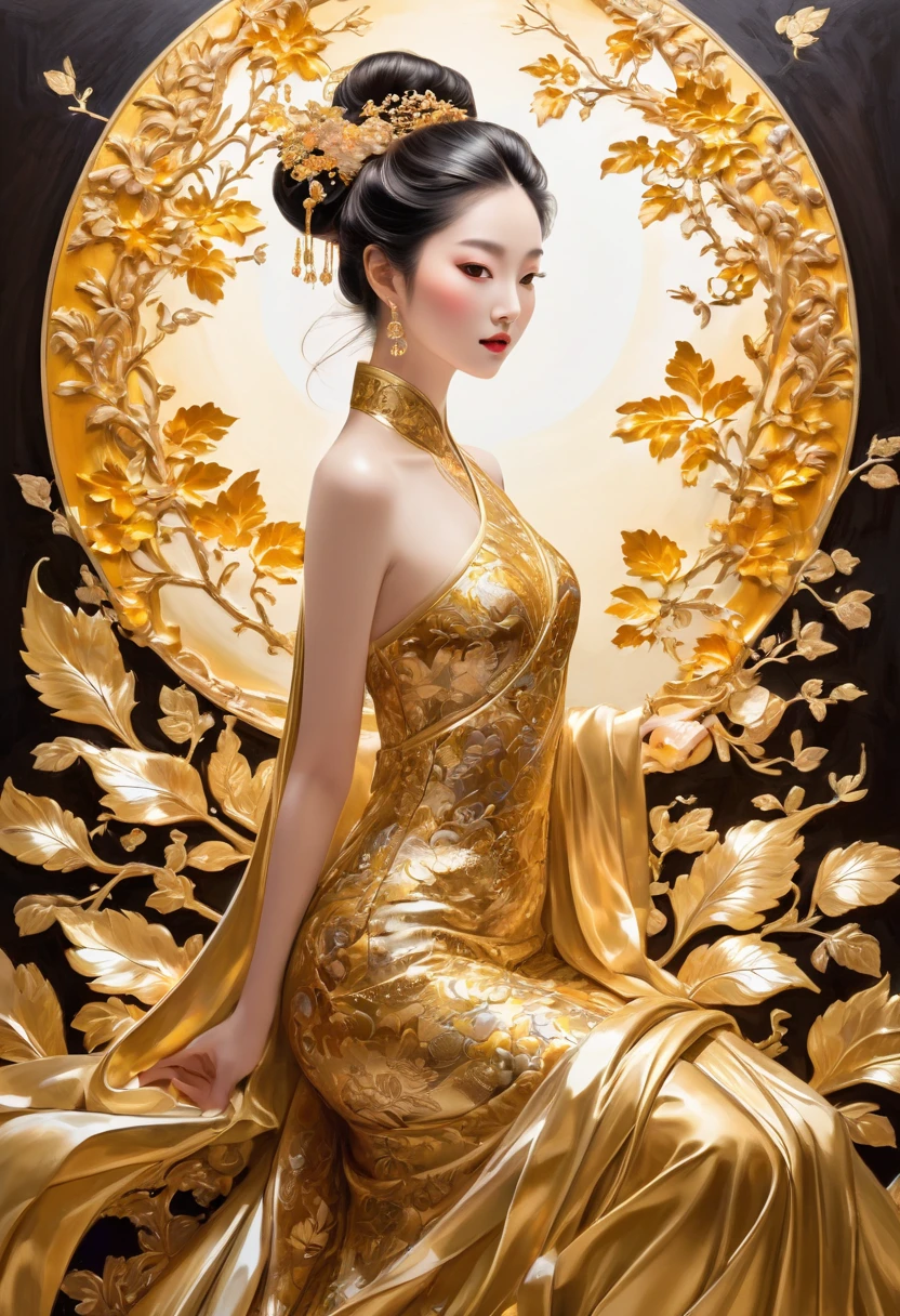 1girl, Gold Leaf Art, goldcarvingcd_xl, jinsixiangyun, traditional, golden, Gold Foil Art, gold leaf,gilded details,shimmering surface,meticulous craftsmanship,rich texture,ornate patterns,hand-applied gold leaf,golden accents,delicate brushwork,reflective surfaces,luxurious finish,breathtaking beauty,meticulous detailing,elegant composition,fine art masterpiece,visual opulence,vibrant colors,glowing golden hue,dramatic contrast,subtle shine,golden radiance,exquisite craftsmanship,gleaming surfaces,richly layered,illumination quality,baroque influences,refined elegance,luminous highlights,rich and regal,unparalleled luxury,artistic magnificence,timeless beauty,self-reflective surfaces,polished luminosity,lustrous appearance,dazzling brilliance,opulent aesthetic,opulent opulence,limitless beauty,decorative embellishments,unmatched elegance,celestial luminosity,heavenly glow,fine brushstrokes,delicate intricacy,detailed precision,exquisite artistry,dazzling exuberance,unparalleled grandeur,luxurious embellishments,illuminating radiance,dynamic texturing