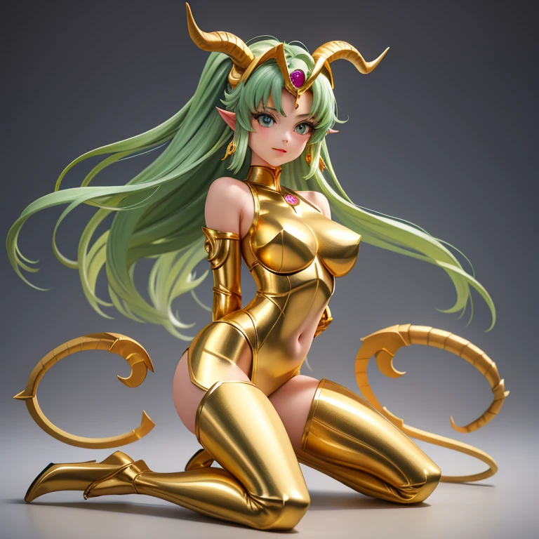 une femme, 25 ans, manga, cheveux longs, cheveux de couleur verte, armure d'or, armure du belier, saint seiya, seiya, Aries, horned helmet, chevalier du zodiaque, dans un Grèce antique, temple antique, gold epaulettes in the shape of large ram's horns