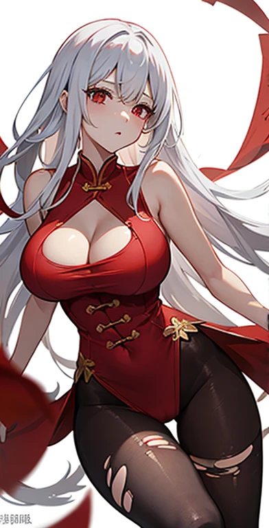 Torn red cheongsam，long white hair，Low cut clothing，huge breasts，Ripped black pantyhose，groin，胸前Holes in clothes，胸前Damaged clothes，Holes in clothes，Damaged clothes，Battle damage，Seriously injured，Wipe the blood from the corner of your mouth with your hand