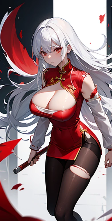 Torn red cheongsam,long white hair,Low cut clothing,huge breasts,Ripped black pantyhose,groin,胸前Holes in clothes,胸前Damaged clothes,Holes in clothes,Damaged clothes,Battle damage,Seriously injured,Wipe the blood from the corner of your mouth with your hand