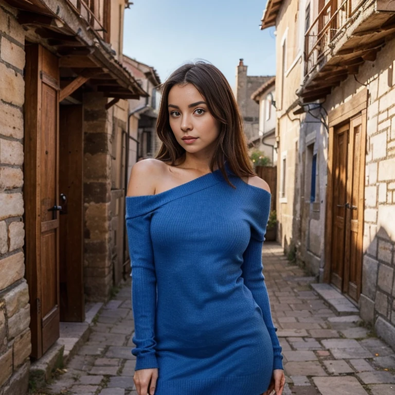 jeune femme de 25 ans, brune aux yeux bleus, in tight sweater dress, bare shoulders, low-cut, in a medieval village, mus en anciennes pierres, portes en bois