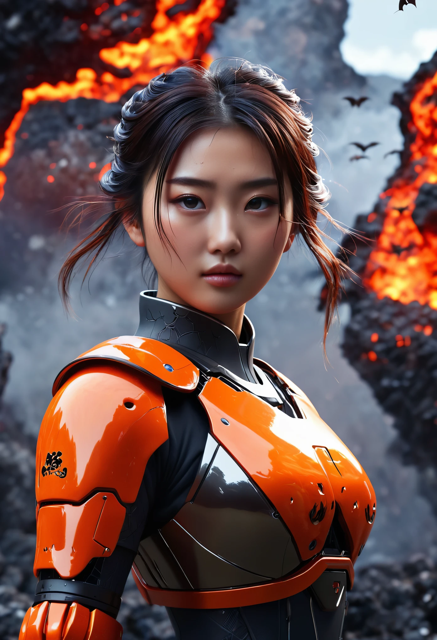 (high quality), (masterpiece), (detailed), 8K, Hyper-realistic portrayal of a futuristic (1girl1.2), Japanese character surrounded by molten magma with bats. Meticulous details capture the dynamic fusion of tradition and innovation in this visually stunning composition. Trending on Artstation.