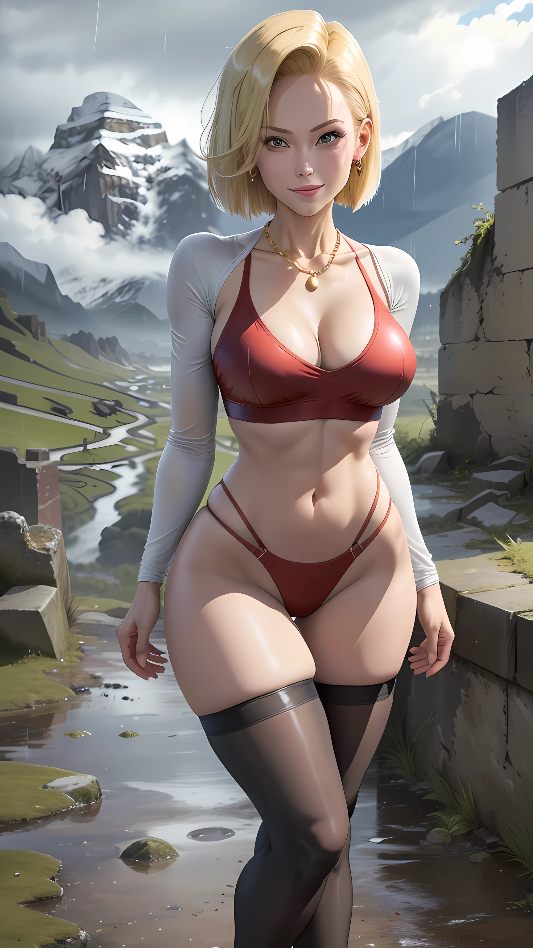 best quality, highres, and18, 1girl, android 18, solo girl, 1girl, blonde hair, blue eyes, red lingerie, gold necklace, short hair, earrings, large breasts, mountains, straight-on, (weather: raining and windy), wet body, sexy smile, combat stance, full length pantyhose, battle ruins, wide hips, thick legs,